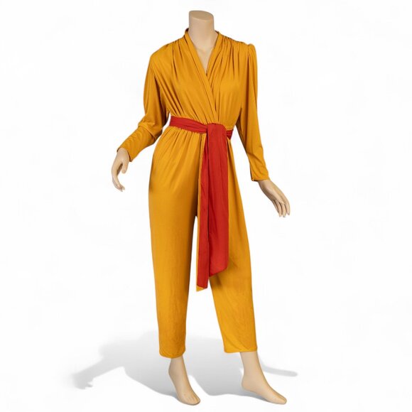 Pants - Vintage * LILLI ANN * 80s Mustard Yellow Draped Jumpsuit with Red Sash Belt